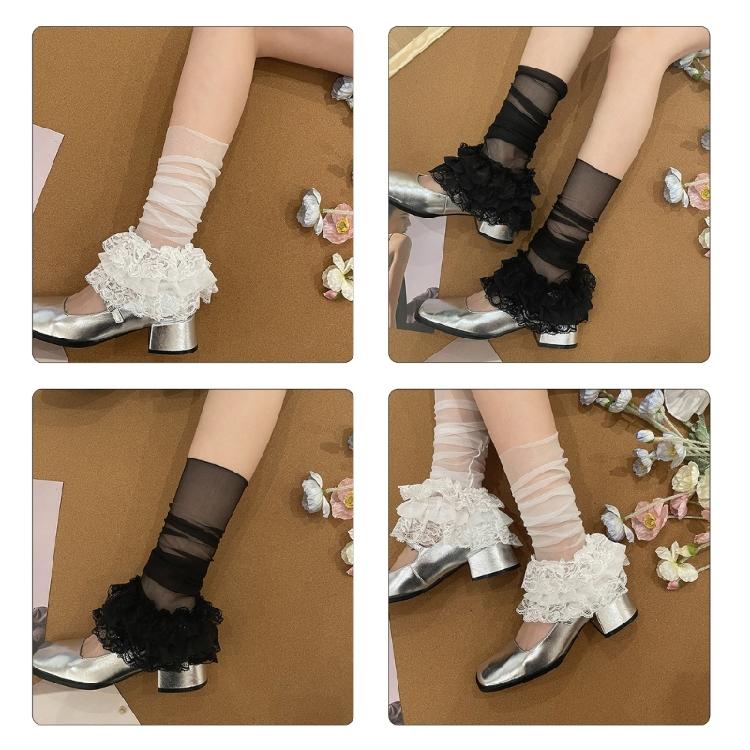 Japanese Style Women Sheer Mesh Leg Cover Tiered Ruffle Lace Flared Long Sock
