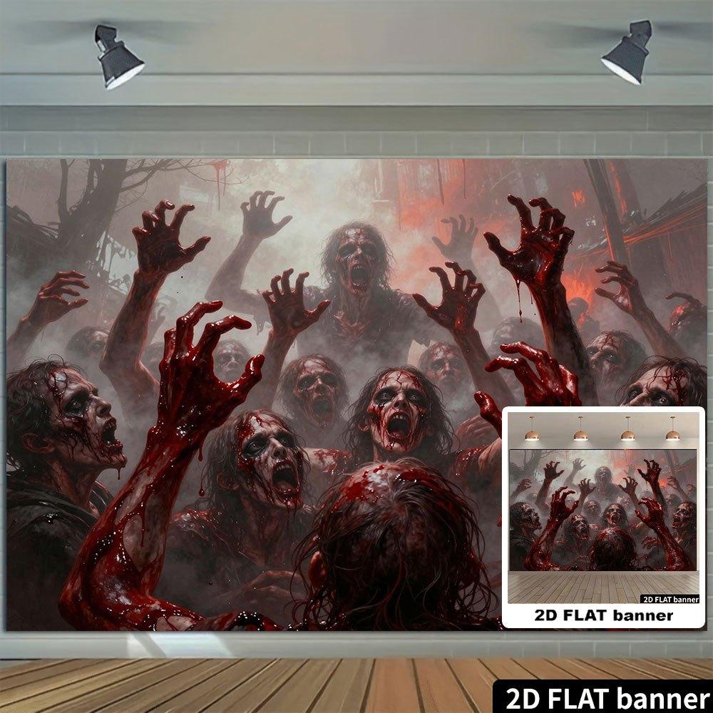 1 piece of 2D Flat Banner - Halloween banner featuring a group of zombies extending their bloody hands