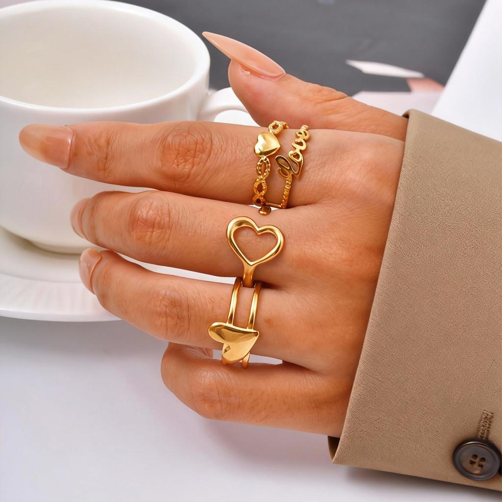 Vnox Gold Plated Heart-shaped Adjustable Rings, Stainess Steel Gold Color Love Open Rings For Women Girl Classic Jewelry Gift