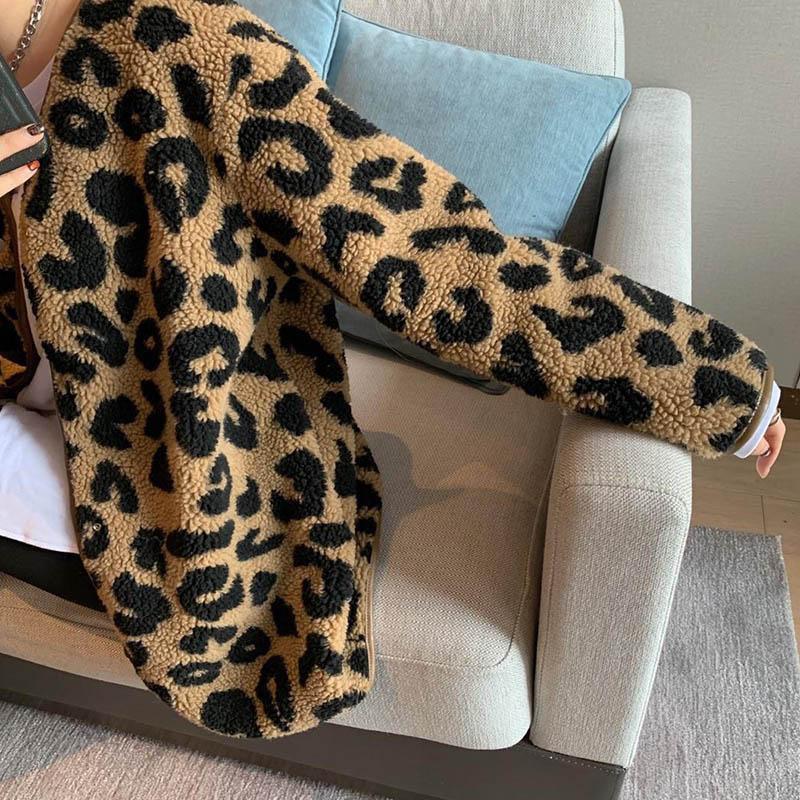 Coats for Women Oversize Cotton Fleece Leopard Fur Coat Autumn Winter Cardigan Casual Long Sleeve Women Coat