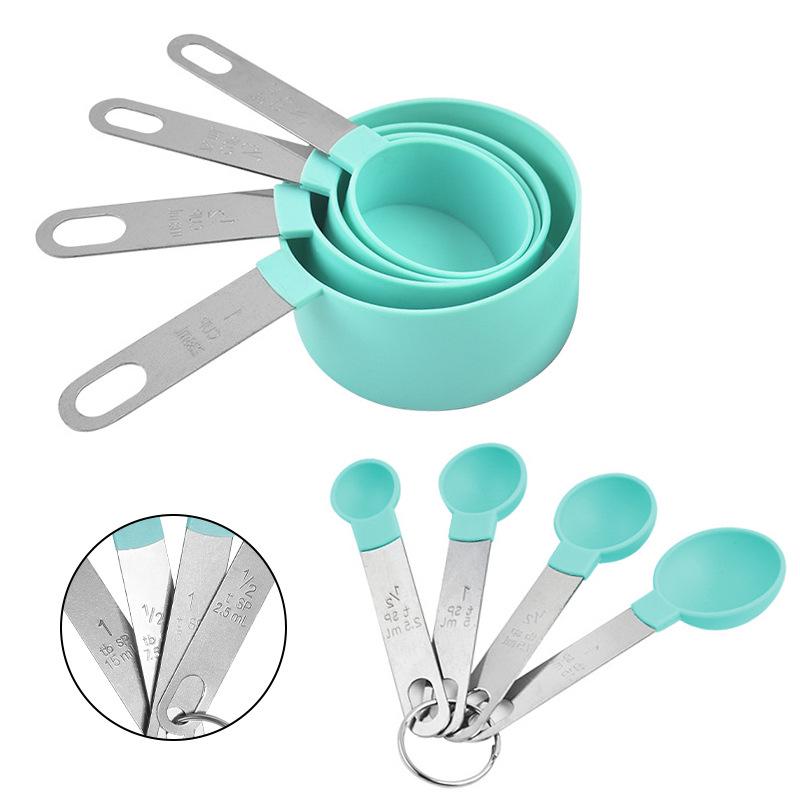 8-Piece Stainless Steel & Colored Plastic Measuring Spoon and Cup Set with Scale for Seasoning and Milk Powder