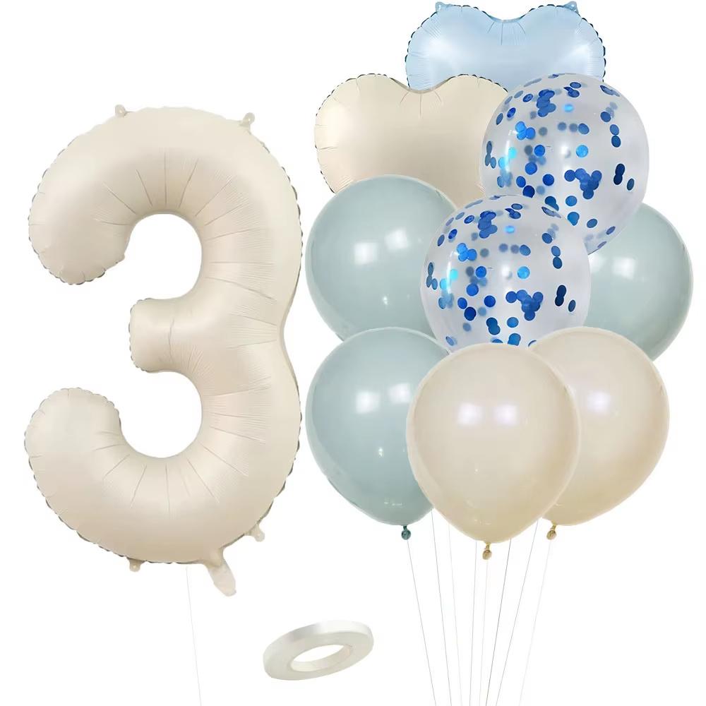 12pcs Vintage Beige Blue Balloon Set 32inch Foil Number Balloon For Kids Happy Birthday Party Decorations DIY Gifts Supplies