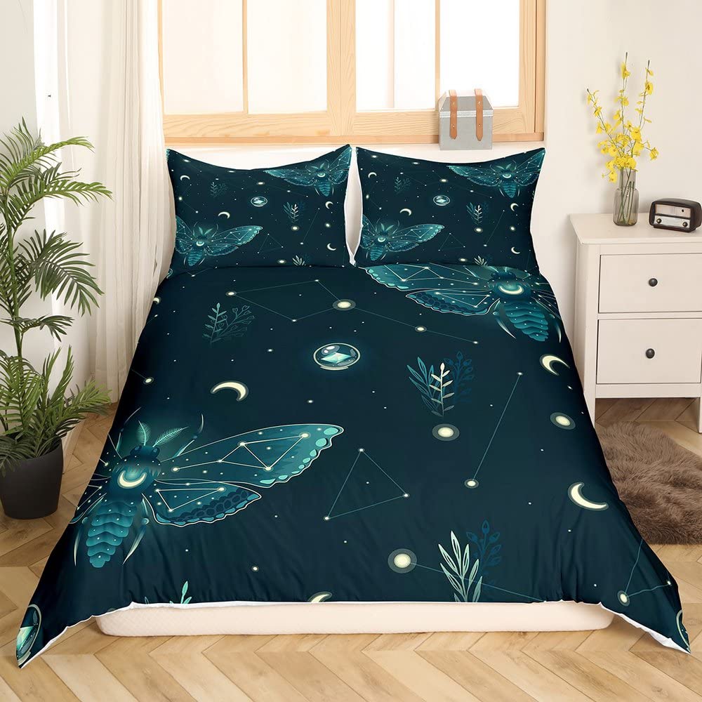 Black Death Moth Duvet Cover Set Gothic Skull Bedding Set Butterfly Bedclothes Moon Stars Polyester Quilt Cover for Kids Teens