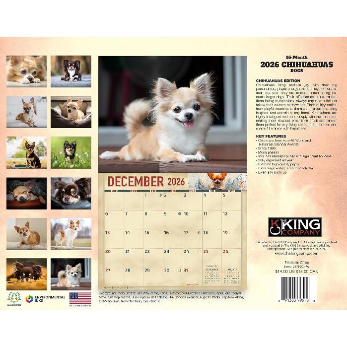 2026 Chihuahuas Dog Wall Calendar 16-Month X-Large Size 14x22, Dog Calendar by The KING Company-Monster Calendars