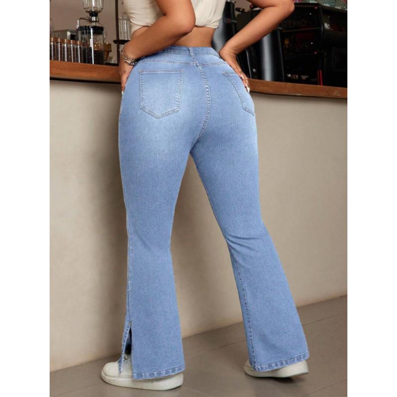 Women's Plus Size High-Waisted Flared Jeans with Slit Hem