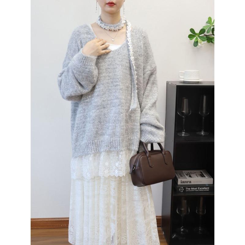 Autumn new splicing lace sequins design sense neck sweater pullover loose sweet knitted sweater top women