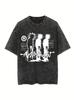 Black Retro Washed Vintage Design Letter Retro Slogan Tshirt Washed Cotton