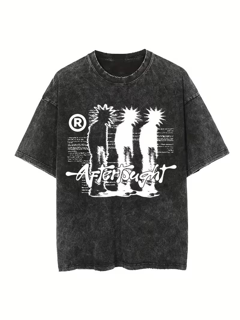 Black Retro Washed Vintage Design Letter Retro Slogan Tshirt Washed Cotton S