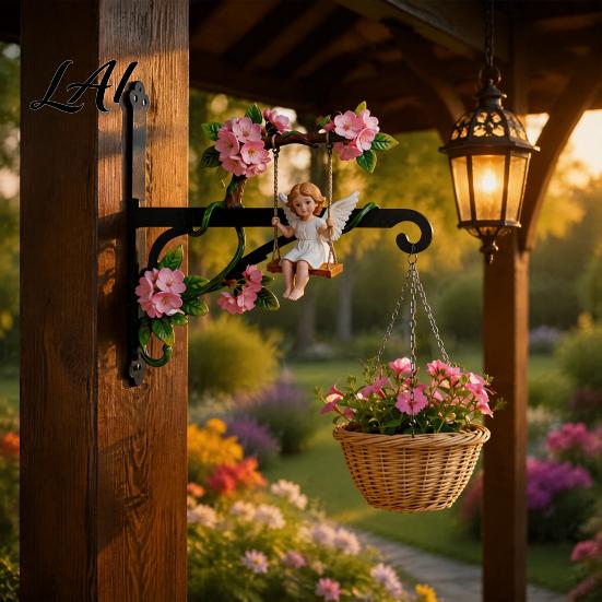 Decorative Garden Wall Mount Swing Angel Plant Hanger Cute Girl Bracket Small Space Hanger Metal Hook for Hanging Flower Basket Bird Feeder