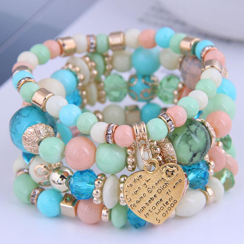 Bohemian Multilayer Elastic Rope Bracelet with Alloy Heart Pendant