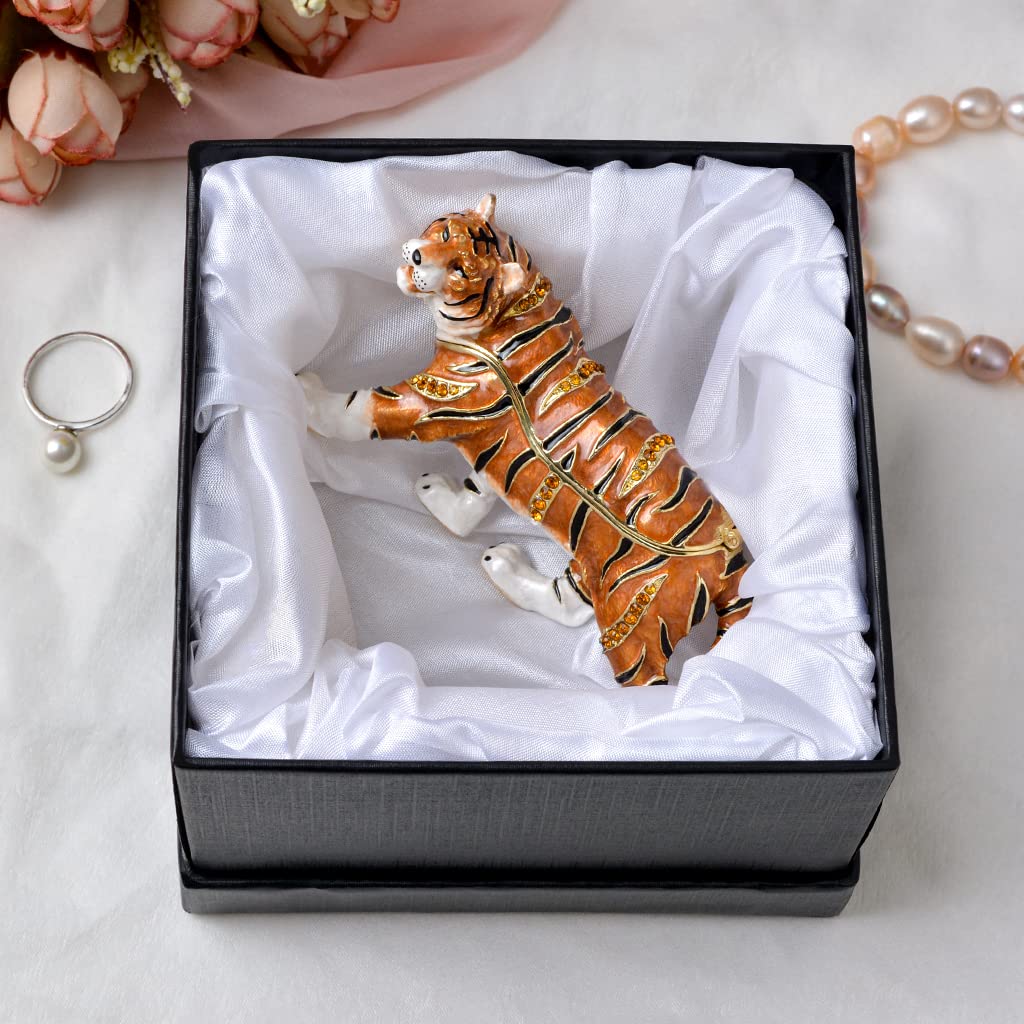 FJ FENGZHIJIE Trinket Box with Hinged Tiger Figurine | Golden Crystal Enamel Wildlife Home Decor | Gift for Tiger Lovers and Wildlife Enthusiasts