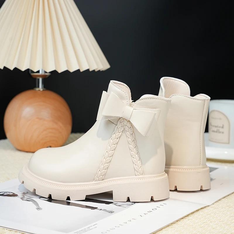 

Spring Autumn Girls Trend Leather Boots Kids Ankle Boots Braided Style Children s Causal Boot Zipper Versatile 26 бежевый