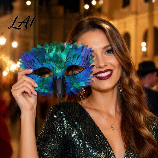 Unique Masque for Comic Exhibition Bird Masquerade Masque Iridescent Half Face Feather Halloween Cosplay Supplies Men Women with 3D Beak Costume
