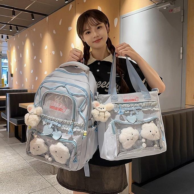 Schoolbag New Ins High Value Korean College Style Primary and Secondary School Students Two-piece Backpack Ballet Style Lace Make-up Bag