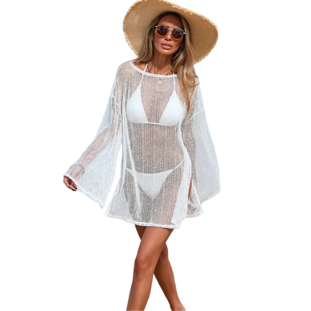 Lattice-style Blouse with Sequin Glittering Fabric, Featuring Snowflakes Decorating The Round-neck Long-sleeved Beach Resort Dress.