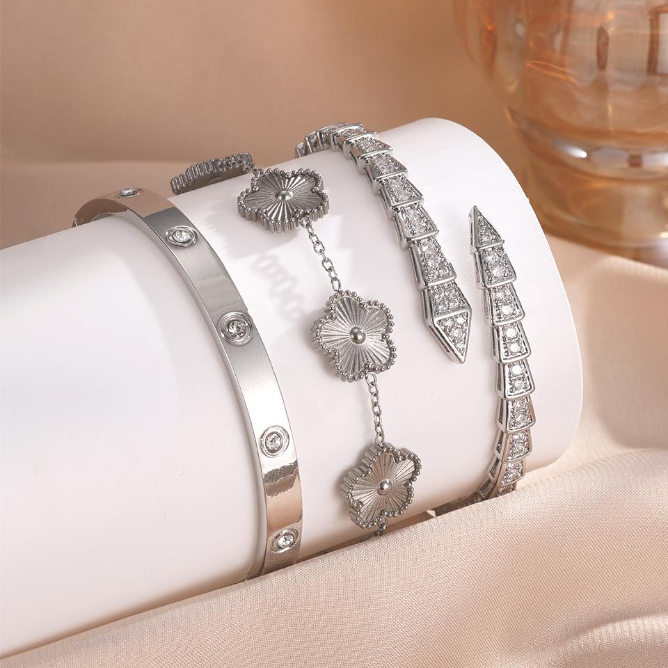 

UILZ Позолоченный 18К браслет-цепочка «Змеиная кость» открытый, набор из 3 шт. Высококачественный блестящий цирконовый шарм, пятилистный цветок, ювелирные изделия из нержавеющей стали