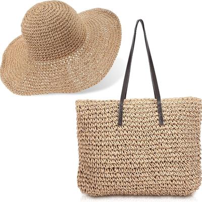 Jiuguva Straw Beach Bags and Beach Hat Set for Women, Summer Woven Tote Straw Handbag with Foldable Sun Hat Shoulder Bag for Vocation Travel