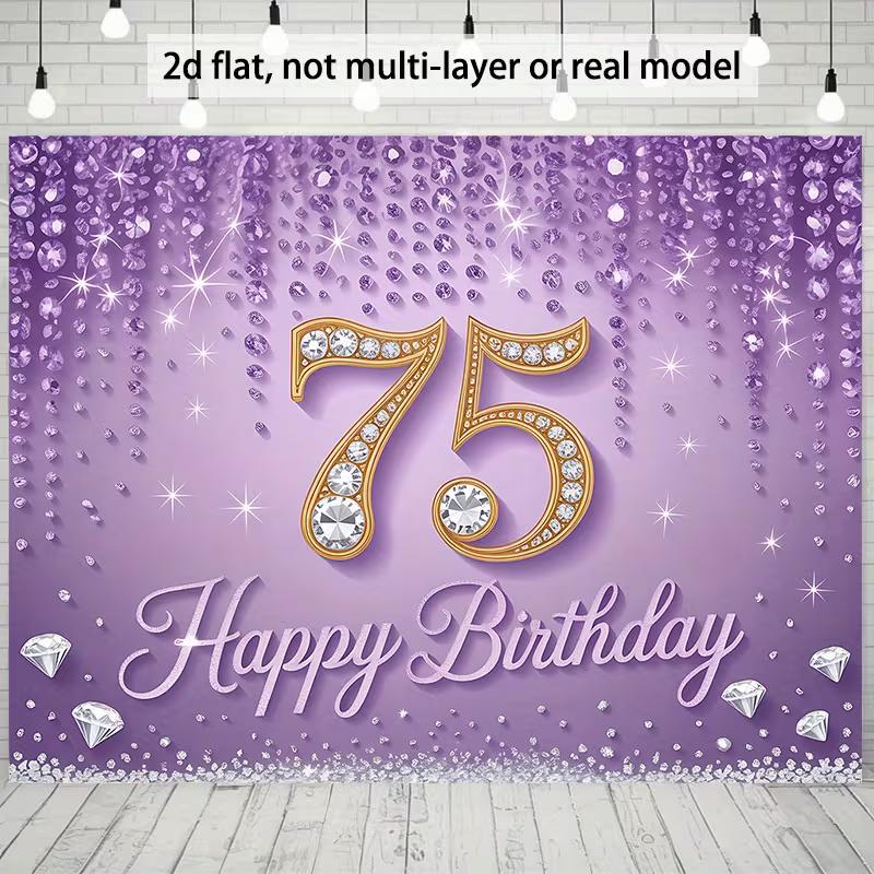 Elegant 75th Birthday Backdrop, Glamorous Purple Design with Diamond-Encrusted Number 75 and Sparkles, Festive Milestone Party Wall Decor