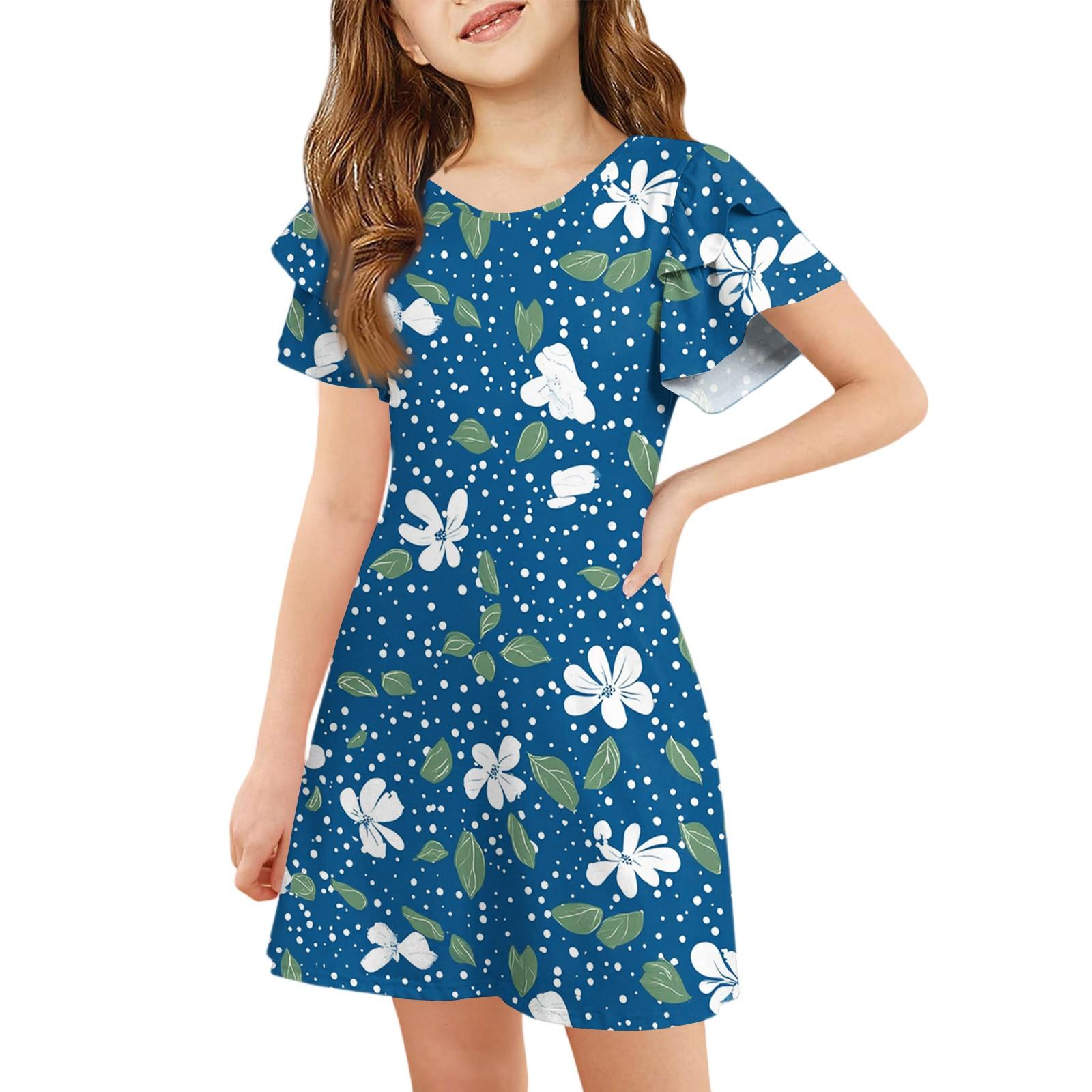 

Girls Ruffle Sleeve Dress - Round Neck Printed Sundress 140