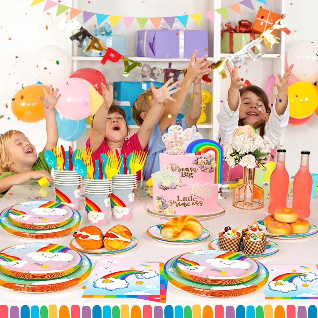 141pcs Rainbow Party Supplies,Rainbow Party Tableware Set - Rainbow Plates Cups Napkins Table Cloths for Baby Shower, Rainbow Birthday Party Supplies