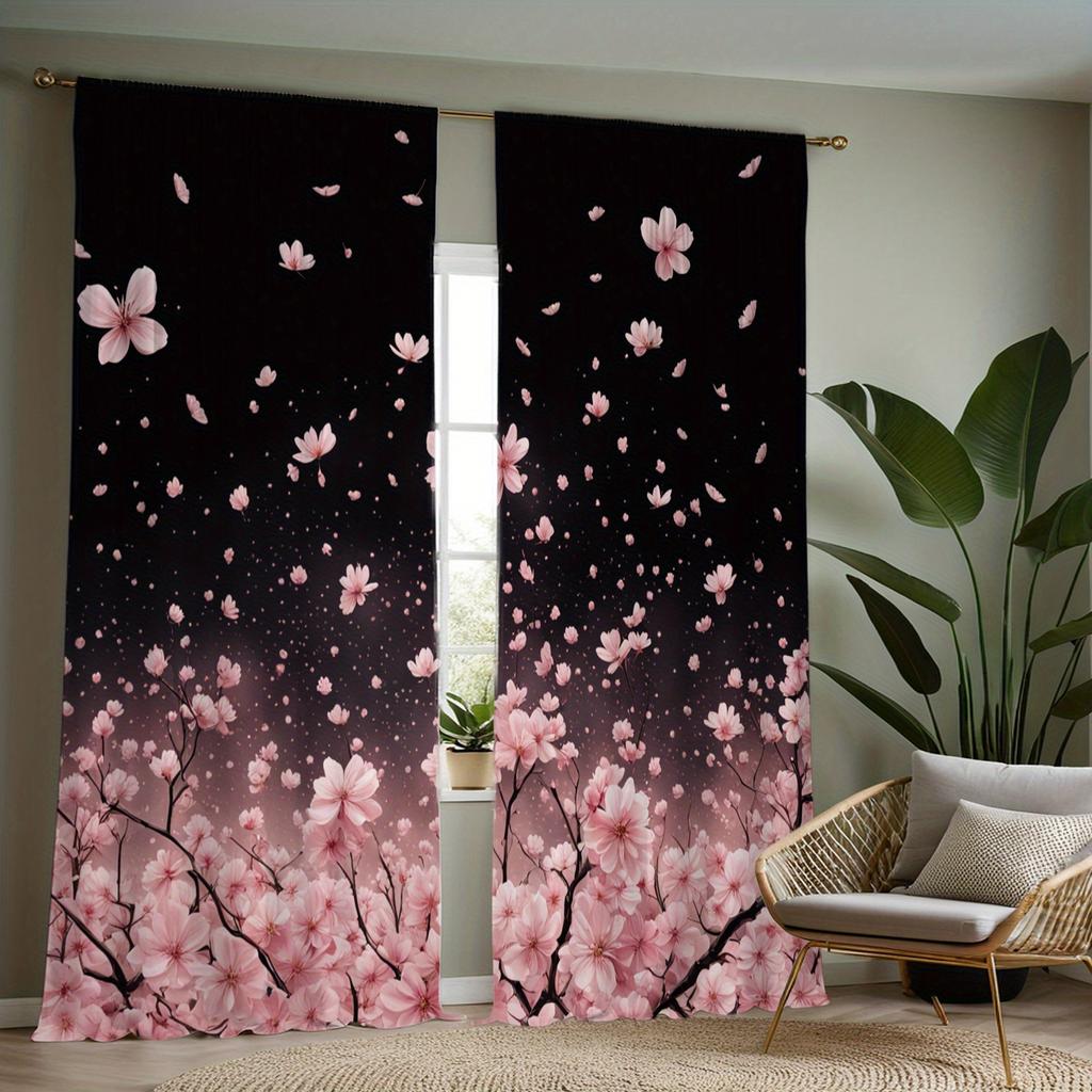 2PCS Black to Pink Cherry Blossom Print Sheer Polyester Curtains Rod Pocket Top for Living Room Bedroom Home Decor