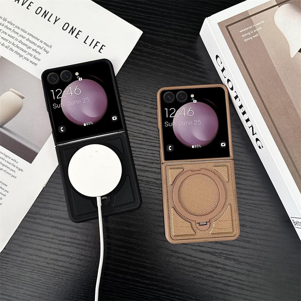 For Magsafe Magnetic Bracket Phone Case Texture PU Leather for Samsung Galaxy Z Flip 7 6 5 4 3 5G Hard Shell Shockproof Cover