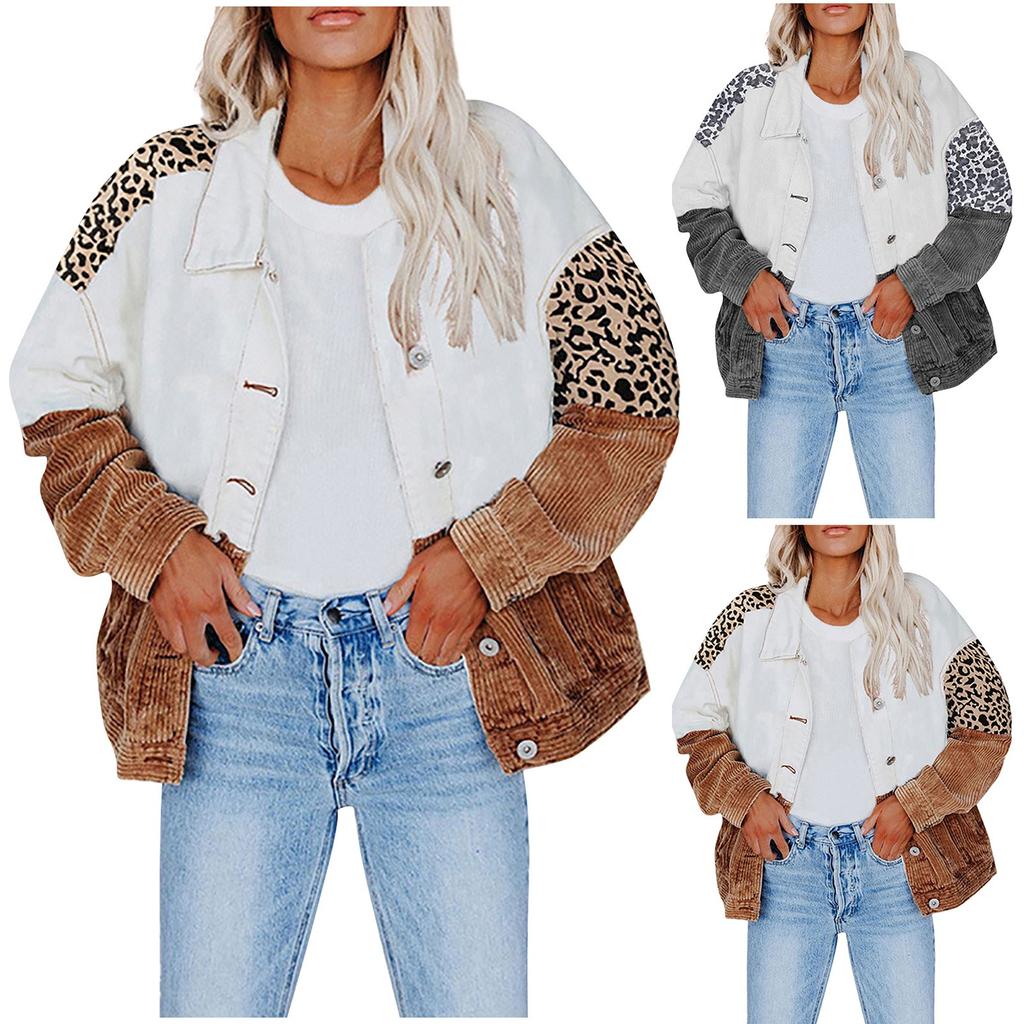 Fashion Women's Loose Lapels Long Sleeves Leopard Print Corduroy Patchwork Shirt Button Tops
