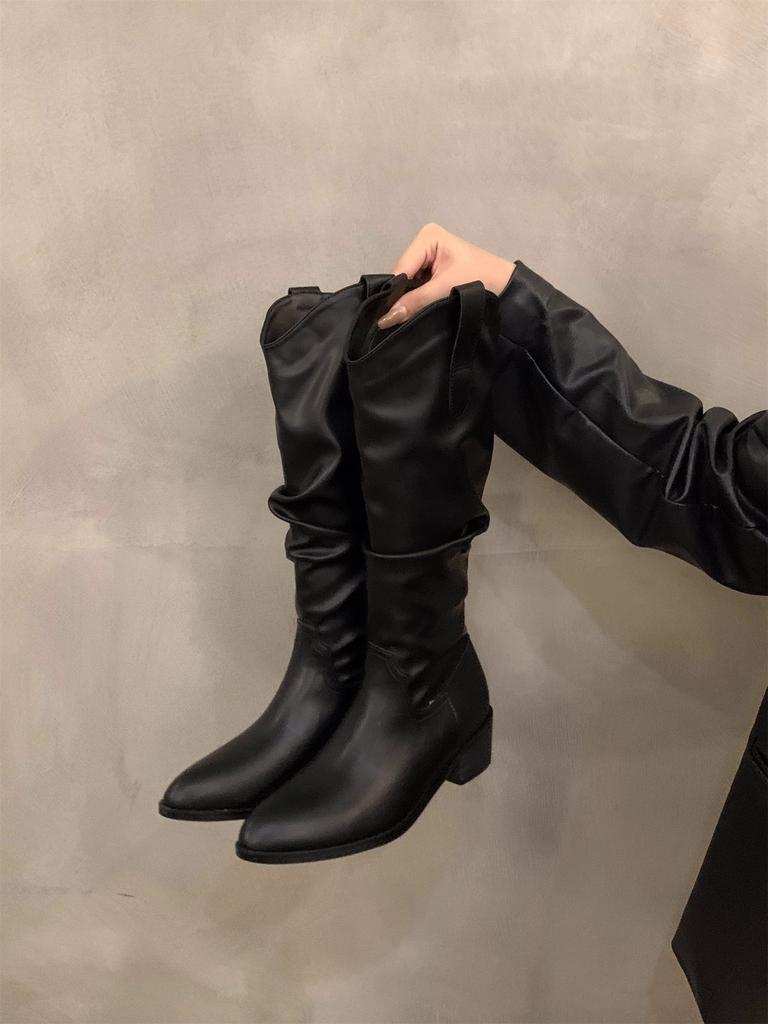 Vintage brown V-mouth pile of mid-top boots women's shoes 2025 spring/autumn winter pointed toe western denim boots