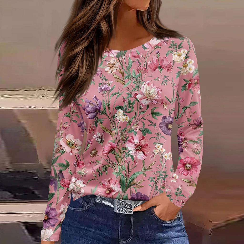 Women's Fashion Casual Slit Hem Round Neck Long Sleeve Loose  Printed T-Shirt Ladies Top