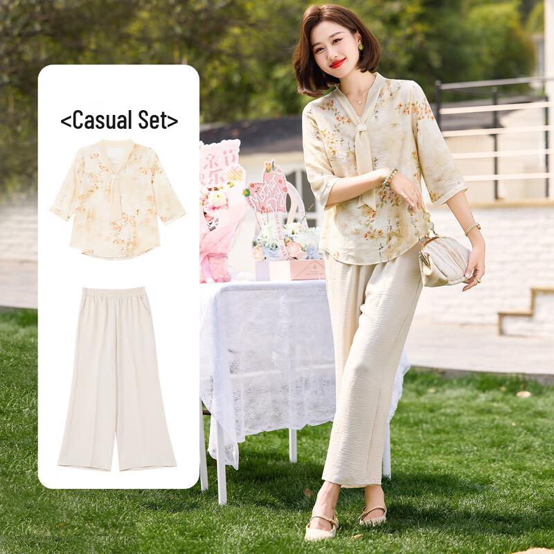 Mid-Aged Women s Summer Casual Outfit: Flowing Collar T-Shirt & Loose Pants 4XL