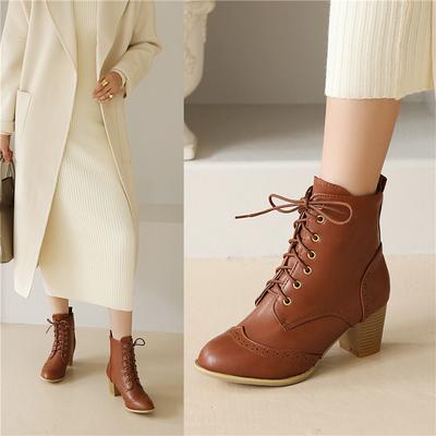 High Heel 5.5cm Fashion Brogue Carved Brown Balck White Lace Up High Heel Combat Biker Ankle Boots for Women Booties Woman Shoes 43
