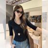 Korean New Early Autumn Wear Black Medium-sleeved Five-quarter-sleeved T-shirt with a Base Inside, Slim and Thin Top for Women