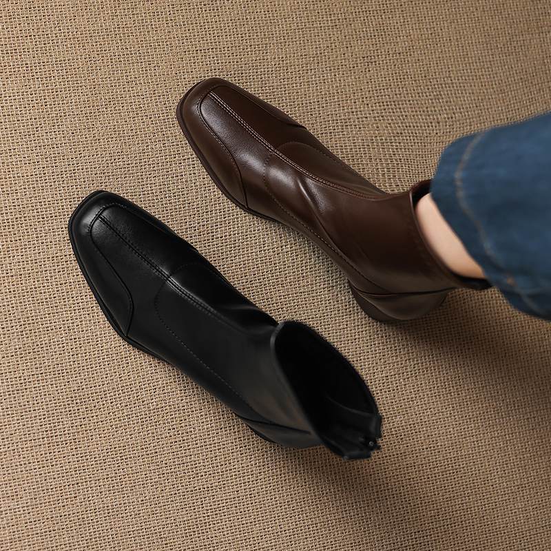 Krazing Pot Microfiber Winter Square Toe Modern Size 33 Boots Size 43 Concise Design Med Heels Zipper Women Ankle Boots