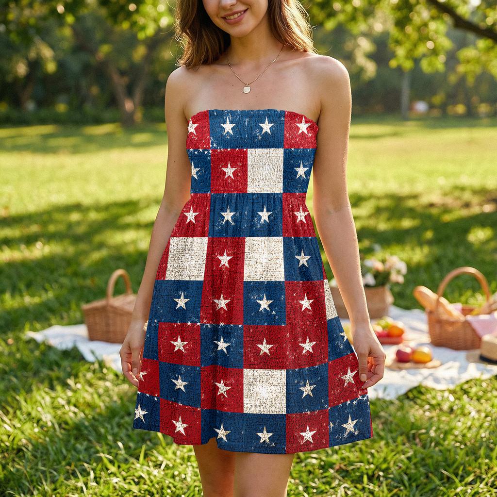 Women’s Strapless Casual Dress Sleeveless Tube Top Sundress with Firework and Star Pattern for Summer Holiday Beach Wear