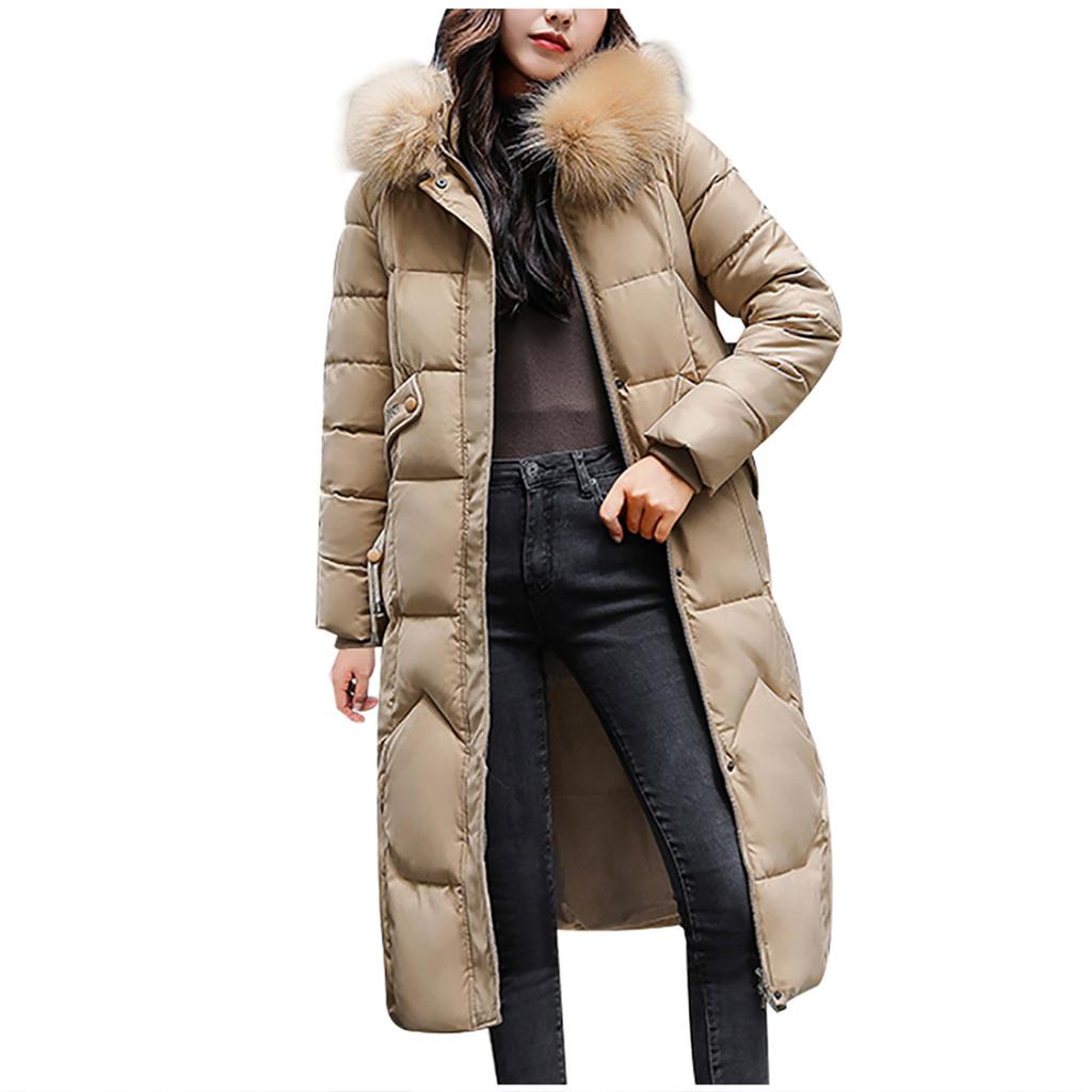 Womens Winter Jacket Warm Overcoat Slim Fur-Hooded Zipper Thicker Coat Outwear
