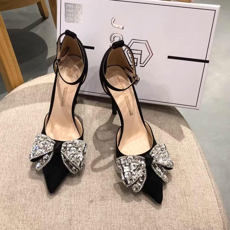 Rhinestone bow bag head sandals new beige stiletto high heels elegant French pointed shoes