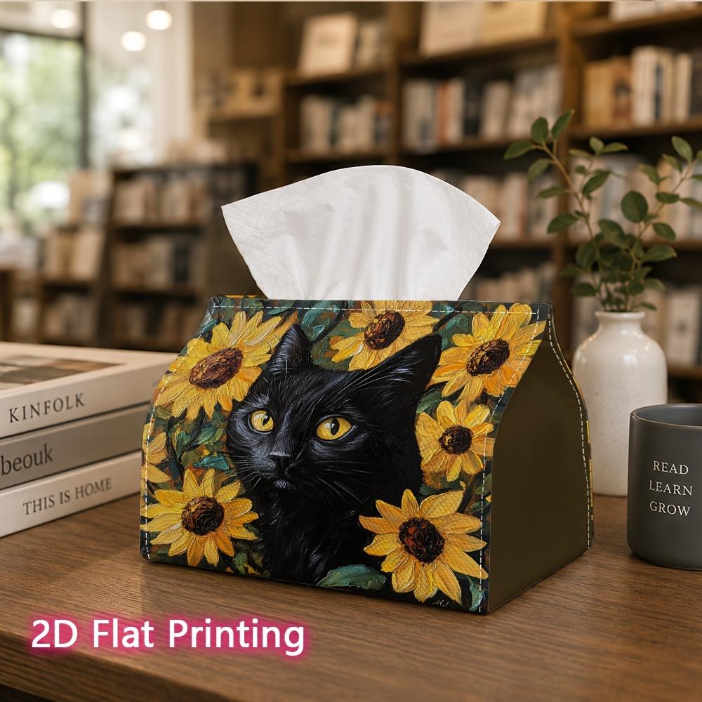 1pc, 2d Flat Printing, Tissue Box Black Cat and Sunflower Pattern Printed Tissue Box, Suitable for Bathrooms, Living Rooms, Bedrooms, Dressing Tables,