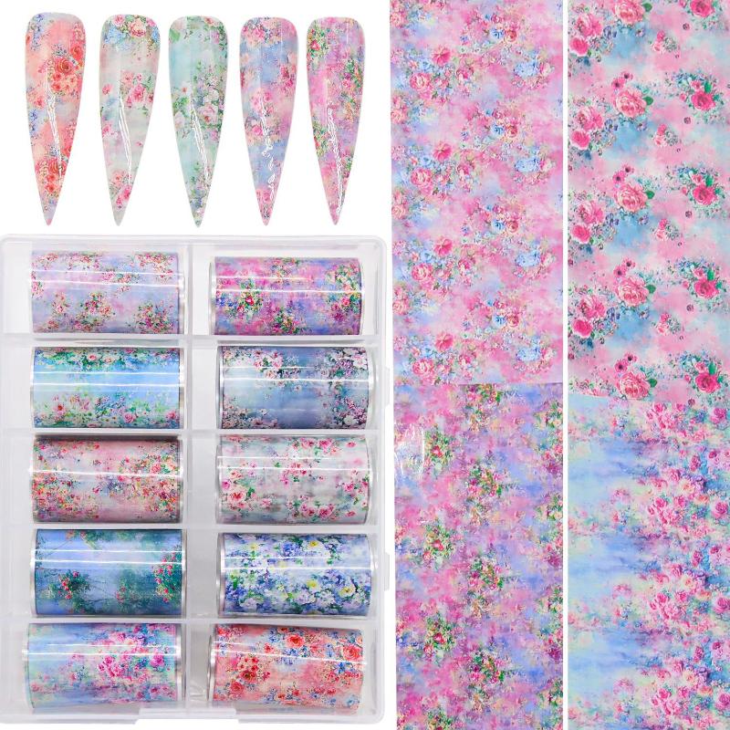 10Rolls Mixed Nail Art Foils Transfer Sticker Set Rose Flower Designs Floral Starry Sky Nail Wraps Wedding Summer Manicure Decor