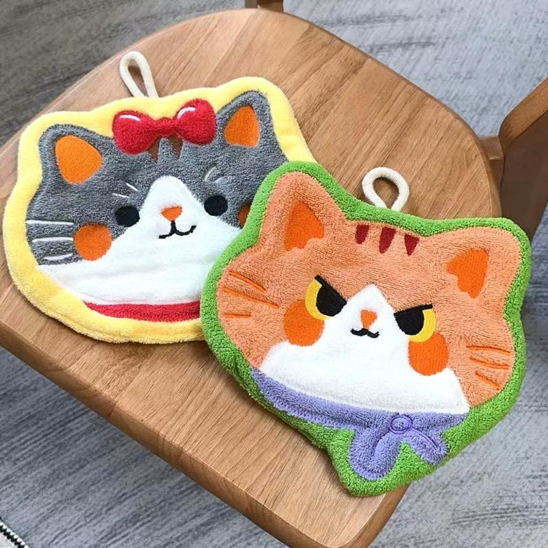 Çizgi Film Mercan Kadife Mutfak El Havlusu Kawaii Kedi El Silme Temizlik Bezi Banyo Asma Havlusu Emici Temiz Bez