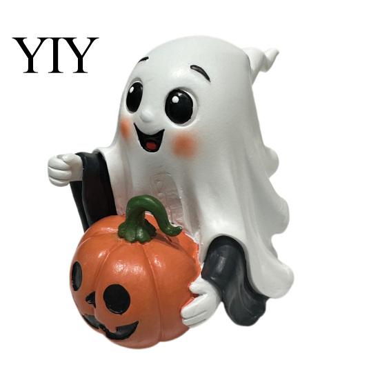 Creative Holiday Gifts for Friends Halloween Ghost Decoration, Holding Pumpkin Resin Figurine with Witch Spooky Table Ornaments Hat, Cute Tabletop