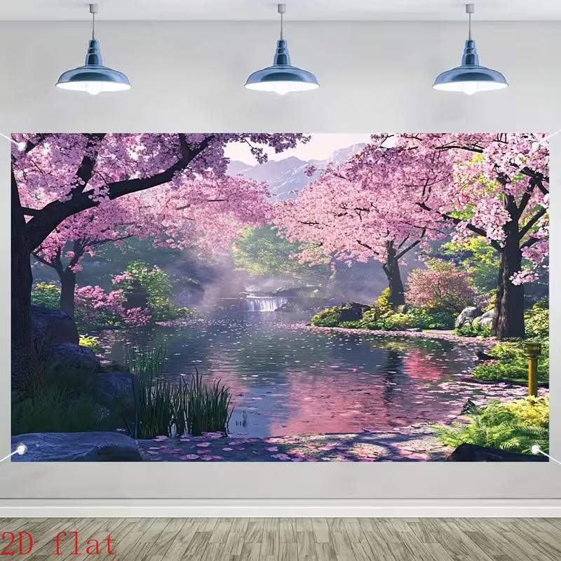 2D Japanese Cherry Blossom Garden Backdrop with Waterfall and Petals 47.2x31.5inch/120*80cm