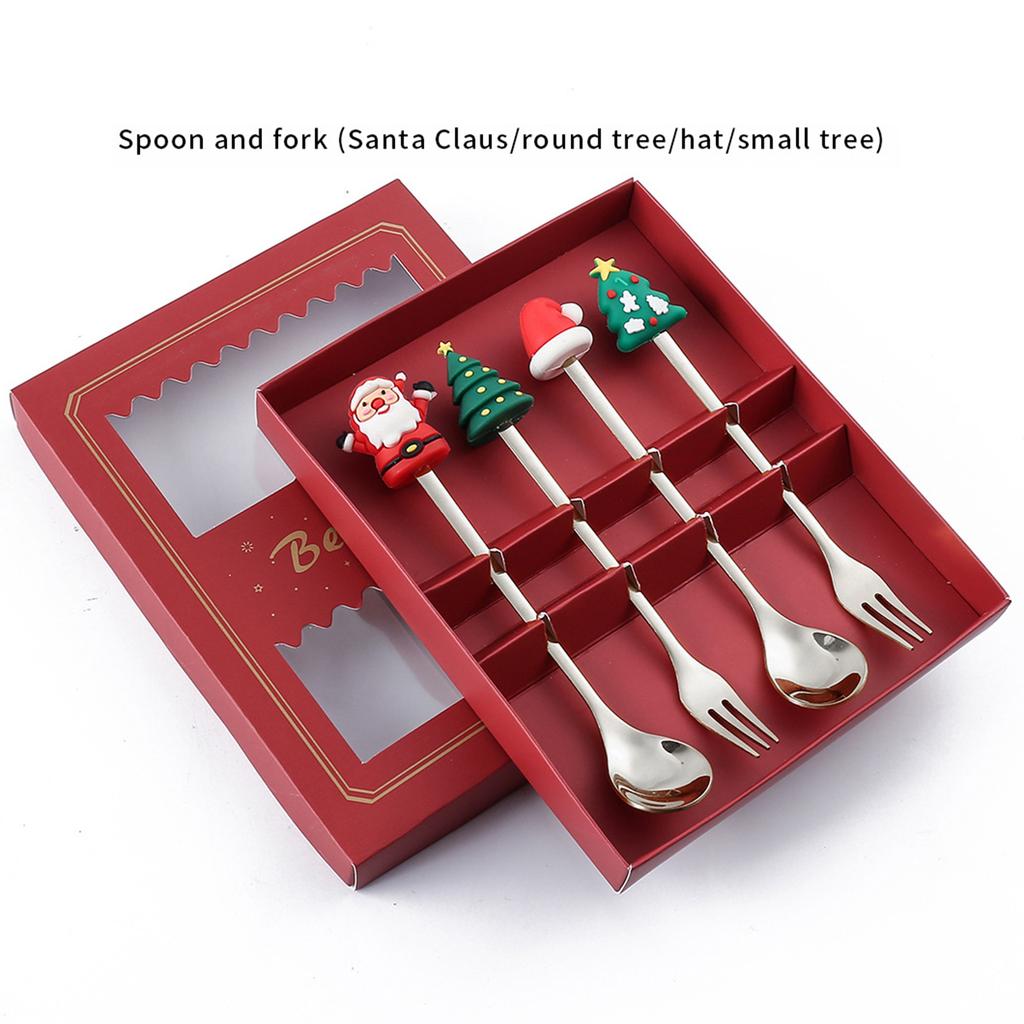 4pcs Gold Christmas Dinnerware Set with Gift Box Elk Christmas Hat Tree Fork Spoon Cutlery Set Stainless Steel Party Tableware