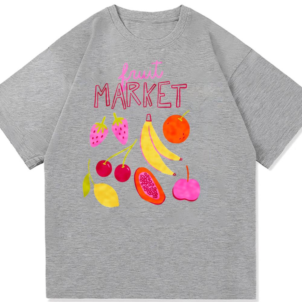 Fruit Market Graphic T Shirt Summer Vintage Fruit Print Short Sleeve Tees Casual Loose Fit Crew Neck Cotton Tops
