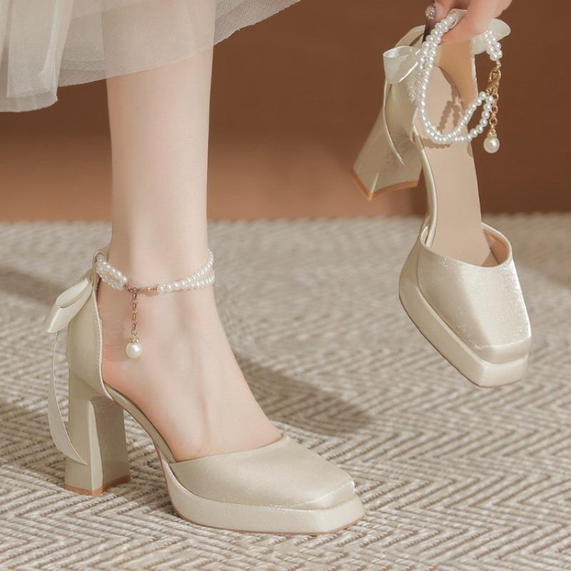 Fashion Spring New Chunky Single Shoes Women's Square Head Shallow Mouth Beaded Butterfly Knot Waterproof Platform High Heels