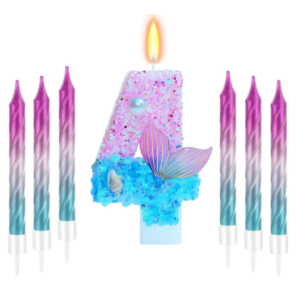 11pcs Mermaid Themed Birthday Candles,Number 0-9 Girls Glitter Birthday Party Supplies,Anniversary Party Decor, Cake Decorations