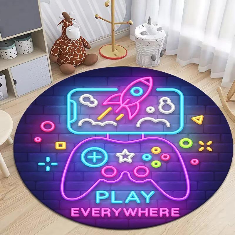 Game Controller Round Area Rug Cartoon Gamer Carpet Rug for Living Room Children's Bedroom Sofa Decor Non-slip Floor Mat