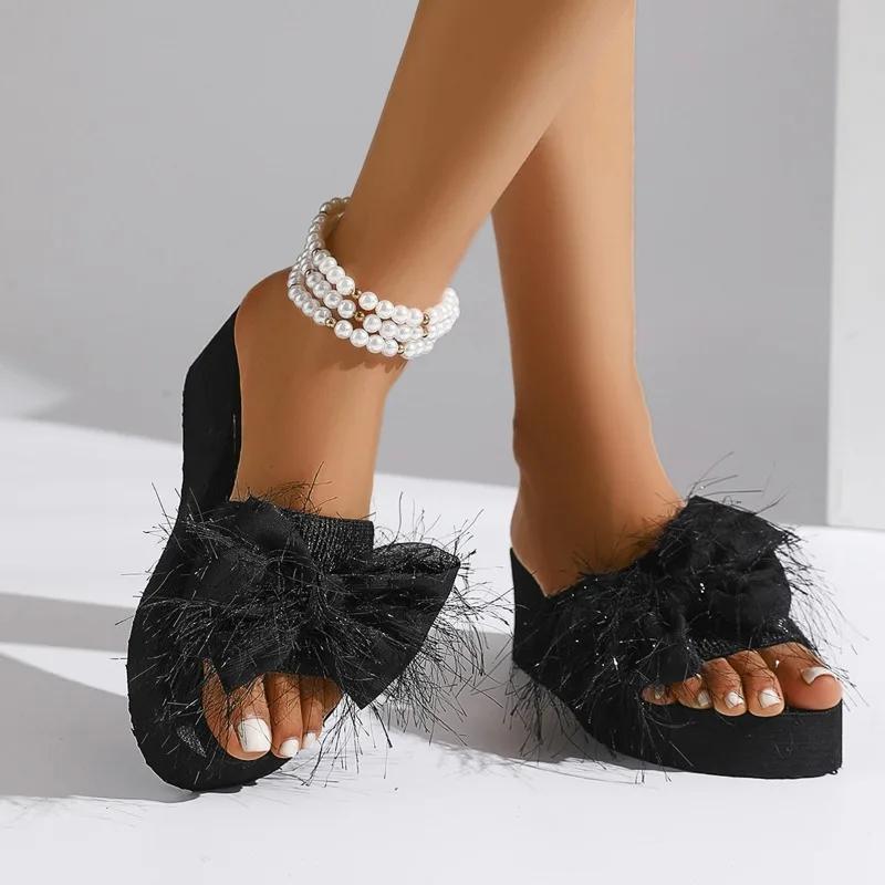 Fashion 2025 Summer Basic Women's Slippers Fashion Butterfly-knot New Open Toe Outdoor Casual Best Seller Plus Size Light Wedge Slippers