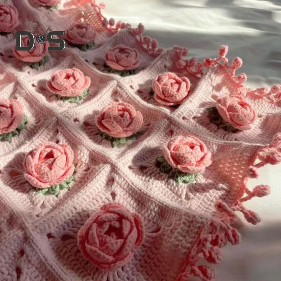 DIY Crochet Rose Flower Blanket Kit Handmade Yarn Knitting Floral Throw Blanket Mother's Day Valentine’s Day Birthday Women Beginner Gift