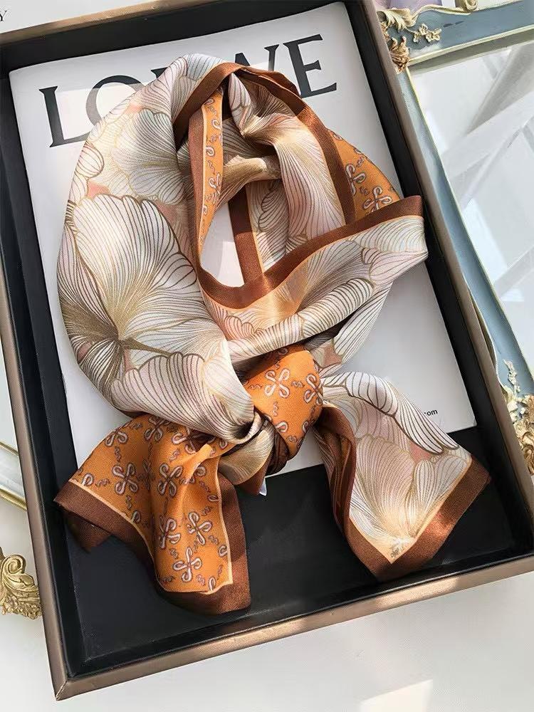 Bysifa|New Blue Yellow Long 100% Mulberry Silk Scarf Headband Spring Summer Fashion Floral Silk Ribbons Scarves Floulard Printed
