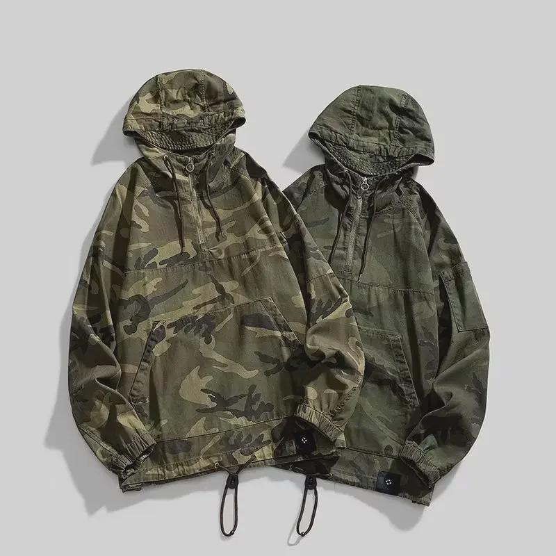 Retro American Camouflage Hooded Jacket: Autumn & Winter Outdoor Workwear with Half Zipper